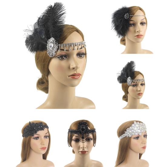 Atraktivní ušlechtilá čelenka Gatsby odolná proti opotřebení s drahokamu zapuštěným střapcem z peří na taneční párty