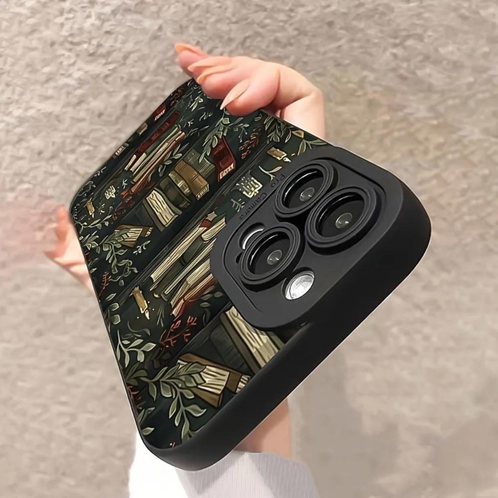 Vintage Perforierte Kante Lila Bücherregal Bemalte Hülle Für iPhone 16 15 14 13 12 11 Pro Max XS X XR 7 8 16 Plus SE 2022 2020 Abdeckung