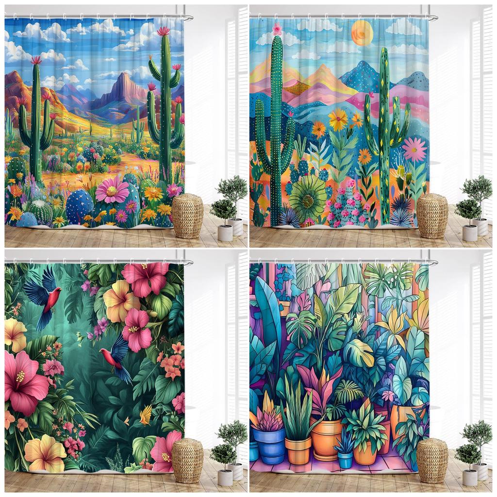 Colourful Tropical Plants Shower Curtains Desert Cactus Monstera Bonsai Leaves Bath Curtain Set Fabric Bathroom Decor with Hooks