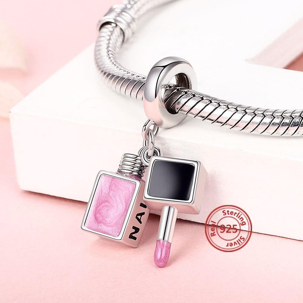Fit Original European Bracelet 925 Sterling Silver Pink Enamel Dangle Beads Nail Polish Pendant Charms For Women Fashion Jewelry