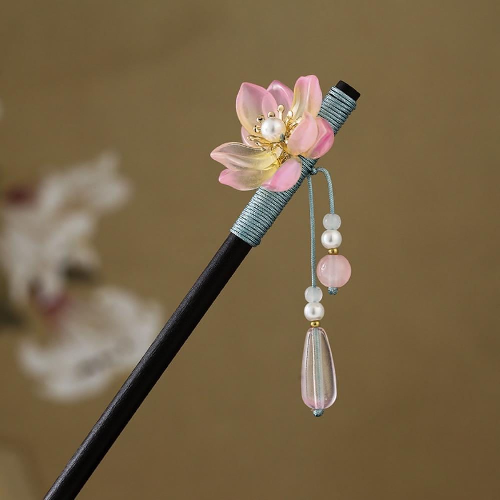 Decorative Chinese Style Flower Hair Sticks Handmade with Tassel Hair Chopsticks Retro Hair Fork Wooden Hairpin for Hanfu