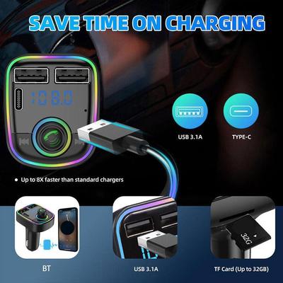 2025 Car BT5.0 FM Transmitter PD Type-C Dual USB 3.1A Fast Charger Colorful Ambient Light Handsfree MP3 Modulator Player