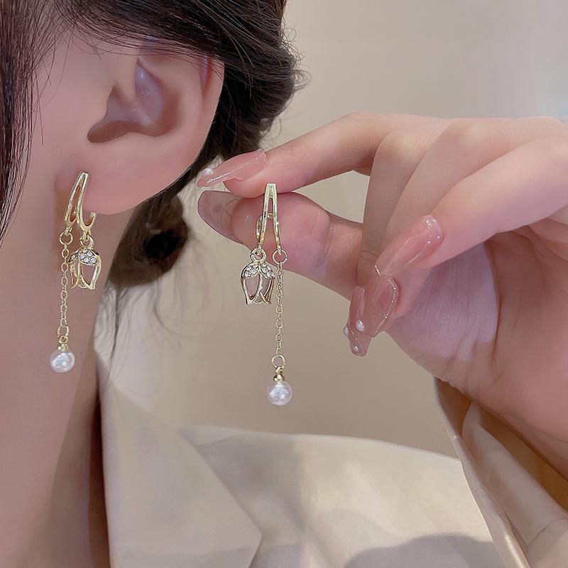 S925 Silver Pink Tulip Tassel Earrings - Fresh, Luxurious, High-End Flower Design