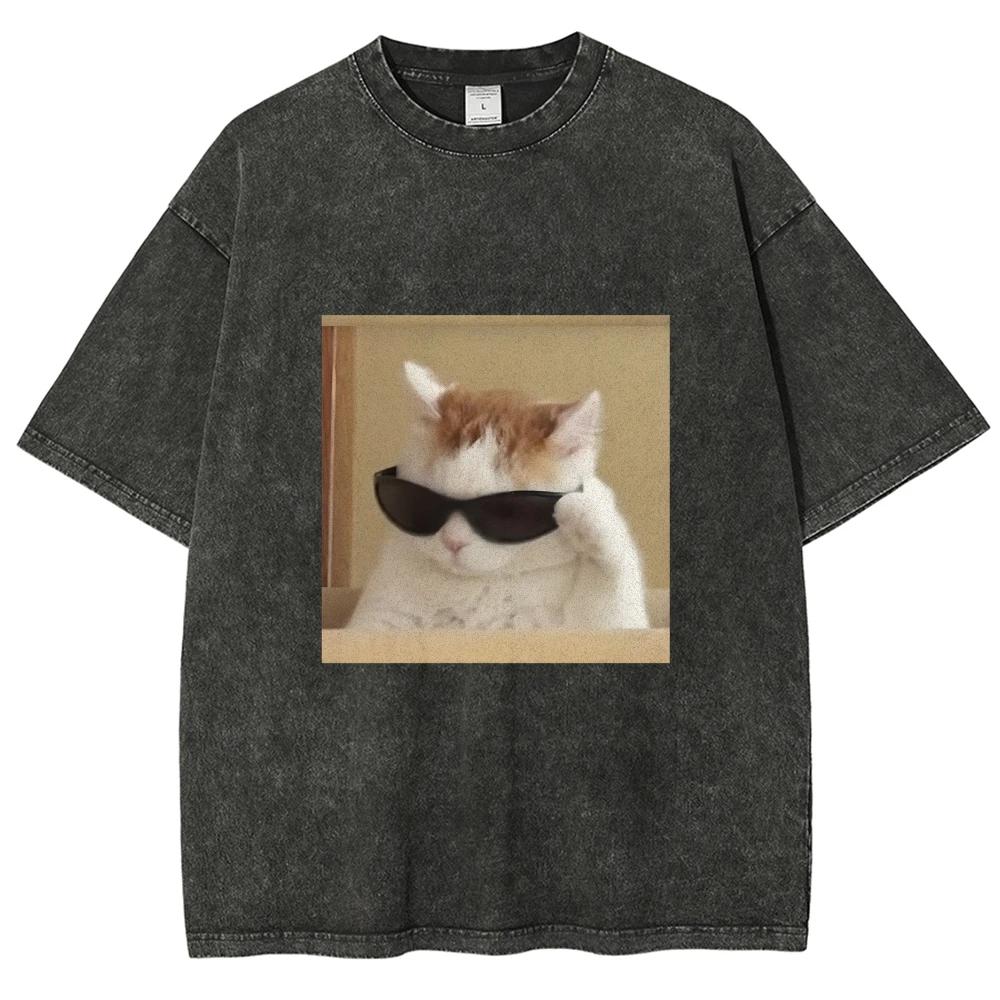 Cool Cat Meme T Shirts Unisex Washed Tees Men Women Fashion Casual Short Sleeve T-shirts Cotton Oversized