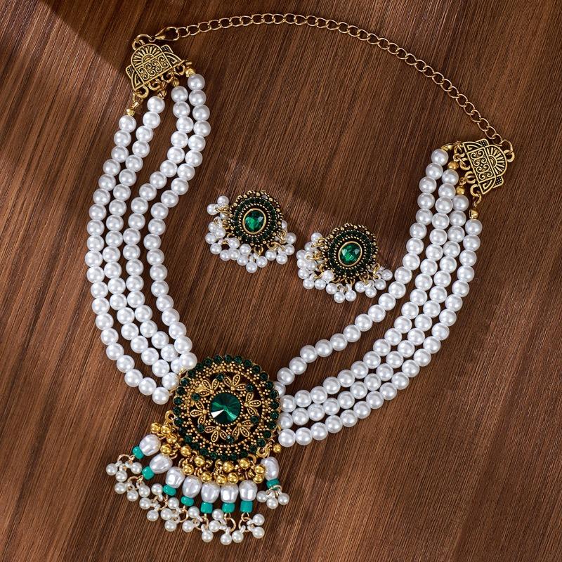 Mehrlagiges Perlen-Reiskorn-Quasten-Ohr-Halsketten-Set Retro Ethnischer Stil Haarschmuck