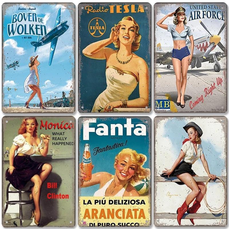 Σέξι κορίτσι καρφίτσα για κορίτσια Πλακέτα Vintage μεταλλικές πινακίδες από κασσίτερο Cola Beer Μεταλλική αφίσα αεροπλάνου ρετρό για μπαρ παμπ Club Αρχική διακόσμηση τοίχου