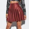 Women Pleated Skirt Faux Leather High Waist A-line Loose Hem Solid Color Clubwear Party Dance Skirt Above Knee Length Mini Skirt