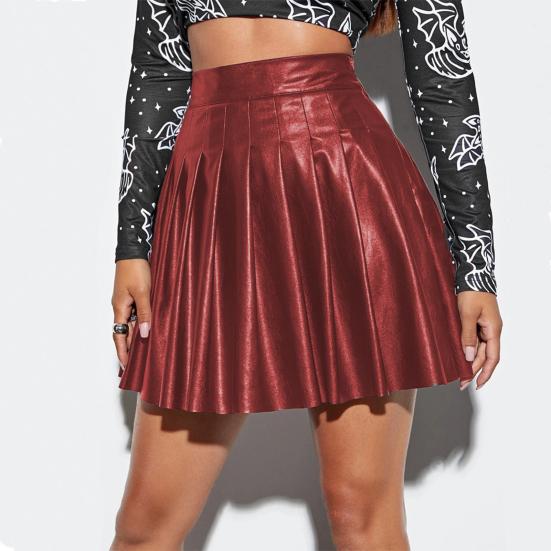 Women Pleated Skirt Faux Leather High Waist A-line Loose Hem Solid Color Clubwear Party Dance Skirt Above Knee Length Mini Skirt