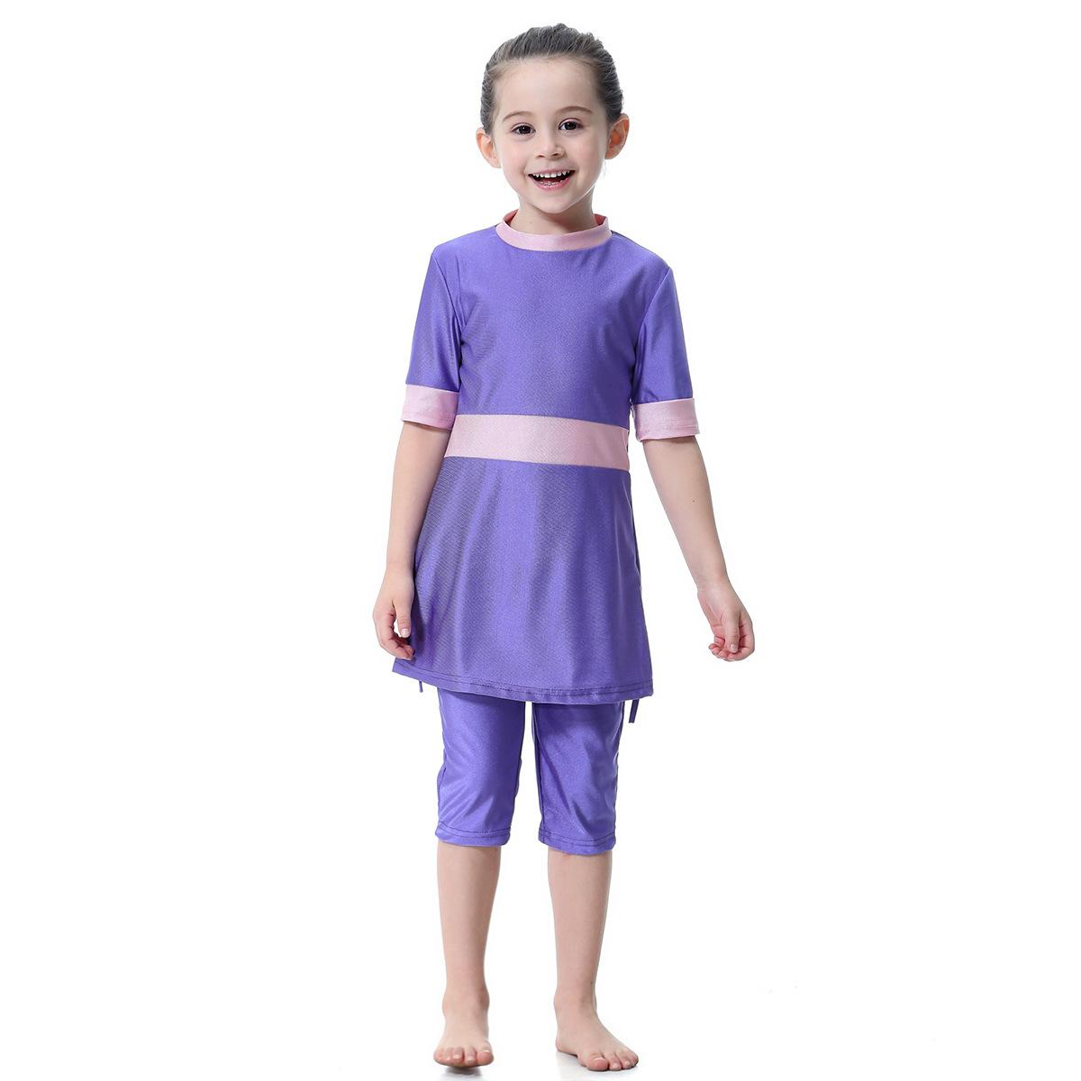 

Купальник из трех предметов для девочек, купальный костюм с короткими рукавами для детей, мусульманские купальники, купальный костюм для маленьких детей с шапочкой 80cm фиолетовый