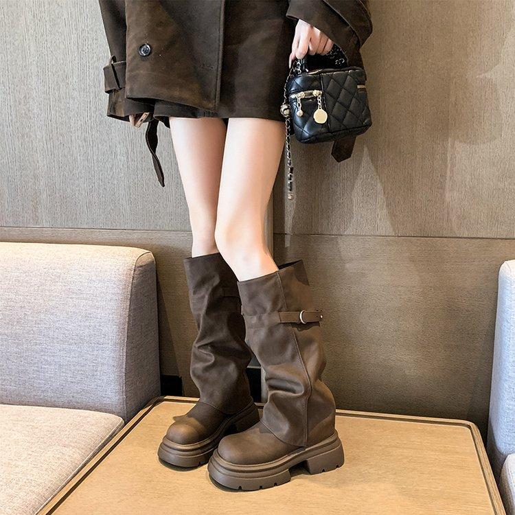 

Красивые ботфорты на платформе женские ботинки новые осенне-зимние коричневые ретро Майяр высокие рыцарские ботинки 40 темно-коричневого