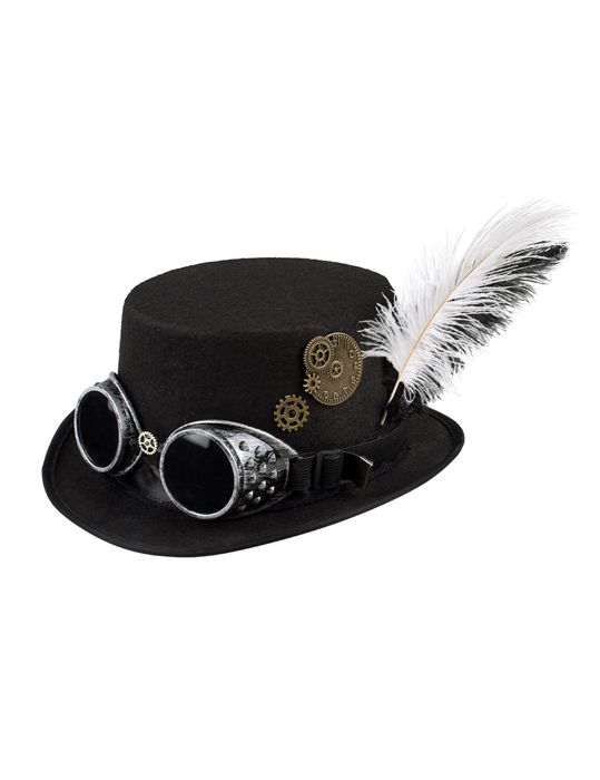 Chapeau steampunk femme blanc - generique - avec plumes, rouages et lunettes - noir