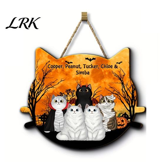 2D Flat Wood Sign Halloween Hanging Door Sign, Cute Cat Wooden Front Pet Name Tag Hanger with Hemp Rope for Porch Wall Indoor Home Decor