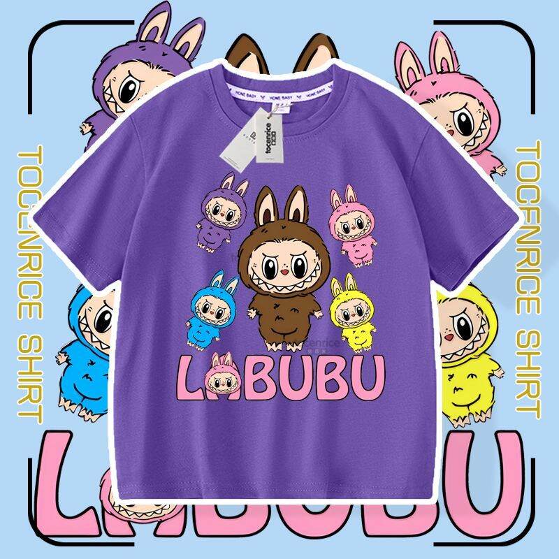 Summer New Cartoon Labubu Loose Short-sleeved T-shirt Girls Children's Casual Tops Fashion Breathable Round Neck