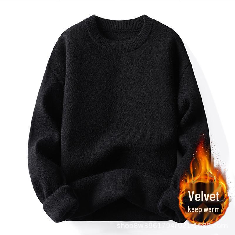 Douyin Bestseller: Men s Winter Two-Piece Look Sweater with Velvet, Thick Round Neck, Casual Trendy Knitwear 2XL (64-70 kg)