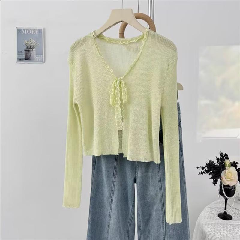 Women's Clothing, Summer New Sweet and Lazy Lace Straps Knitted Cardigan Women's Short Long-sleeved Top