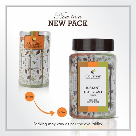 Octavius Assorted Premix Tea (3 In 1) - 20 Pouches (15 Gm Each) | NOW IN REUSABLE PET JAR | Masala, Cardamom, Ginger| Premix Tea Powder