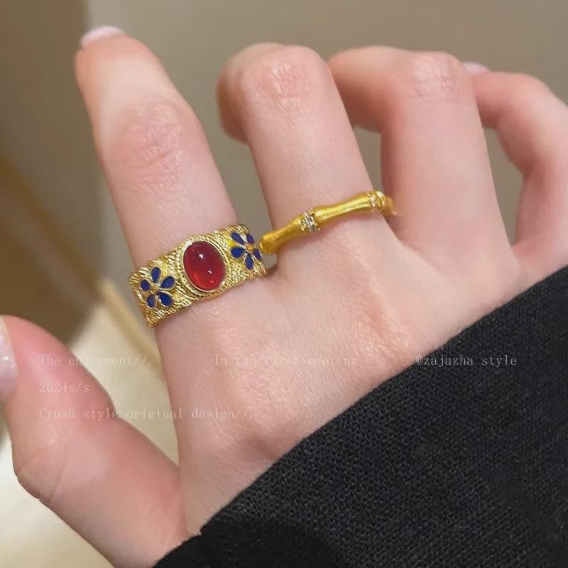 Retro Palaststil Gold Emaille Bambusring - High-End Herbst/Winter Mode für Damen