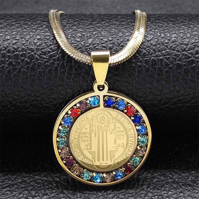 1Pc Stainless Steel St. Benedict Medal Pendant Jewelry New Product Hip Hop Round Coin Set Diamond Necklace