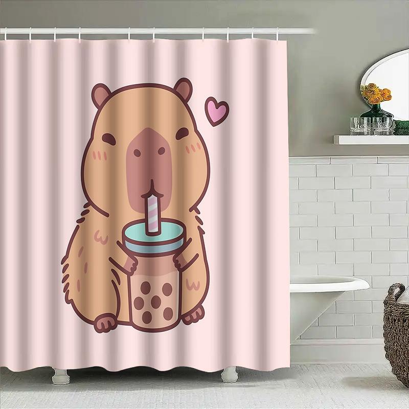 Cute Boba Tea Capybara Shower Curtain Set Funny Animal Bathroom Decor Washable Waterproof Fabric