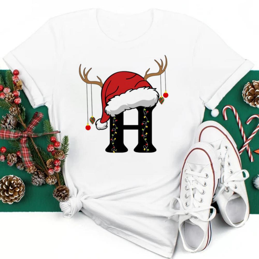 Christmas Hat A To Z Letters Tshirt Christmas Family Activity Sleeved Streetwear Harajuku Short Sleeve Casual Aesthetic Clothes