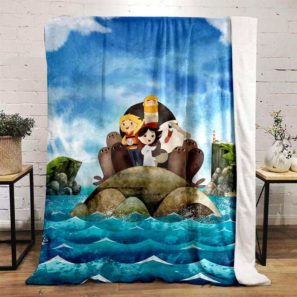 Characters stand on a rocky island surrounded by seals and ocean waves. for all seasons blanket lunch break throw gift