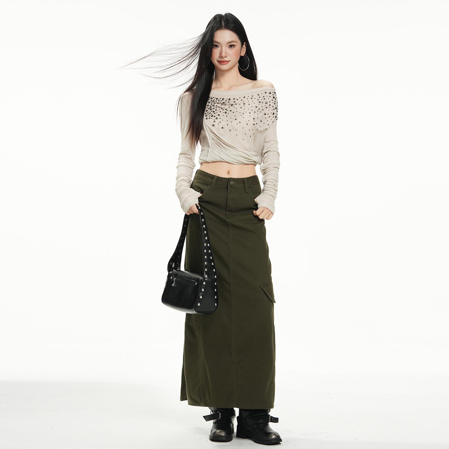 Women s Pure Cotton Mid-Length A-Line Denim Skirt with Back Slit Medium темно-зеленого