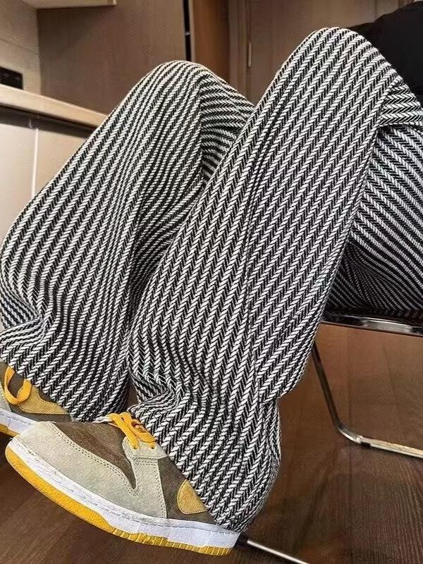 Unisex Black & White Striped Drapey Straight-Leg Pants, 2024 Spring/Autumn Wear-Resistant Casual Pants for Teens