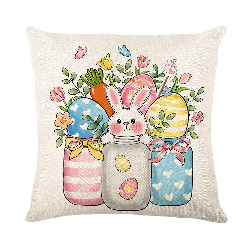 Easter Celebration Pillowcase Cartoon Bunny Egg Polyester Cushion Covers with Zipper Floral Pattern Sofa Pillow Cover