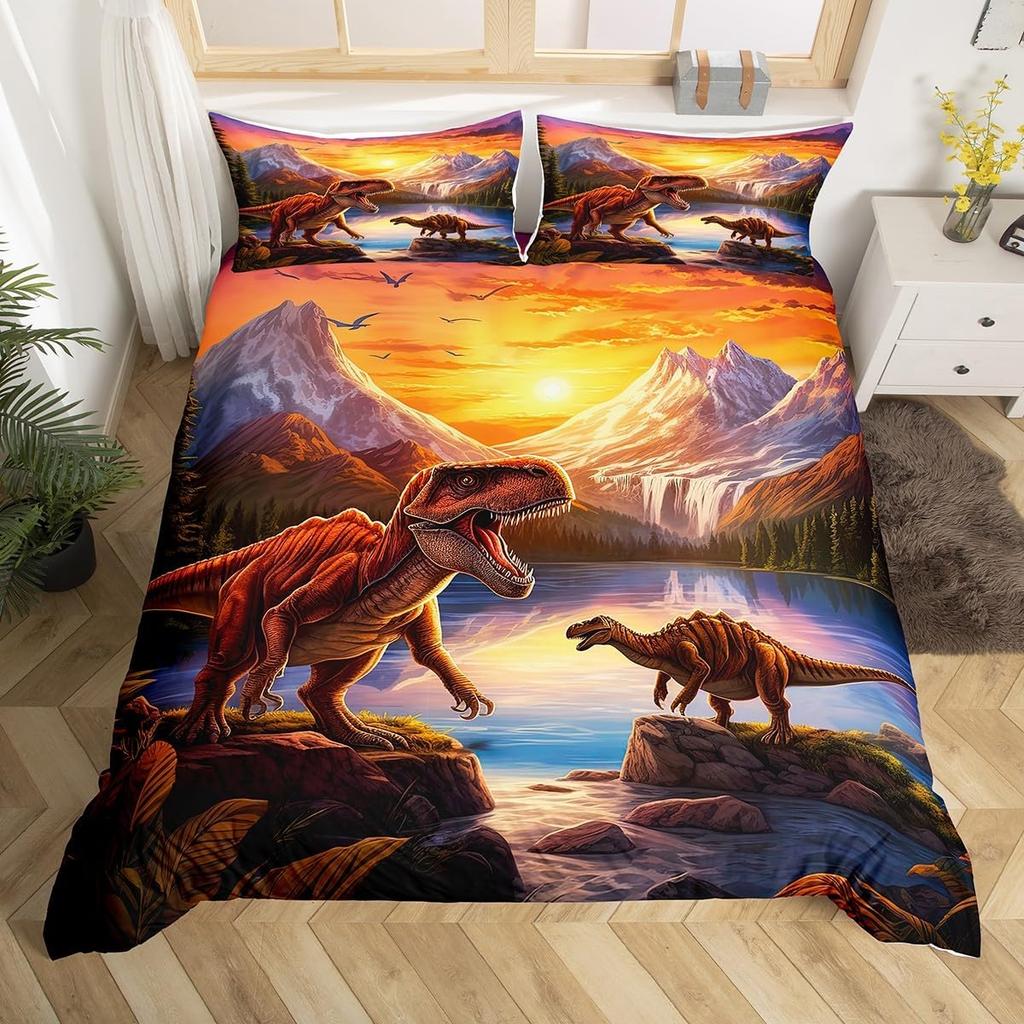 Kids Dinosaur Duvet Cover Twin Queen Bedding Set for Boys Teen Cartoon Jungle Dino Comforter Cover,3D Ancient Animal Quilt Cover