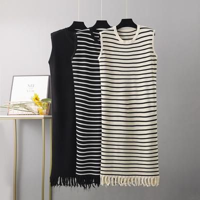 Summer Basic Knitted Sweater Dress Female Slim Tight-fitting Over-the-knee Dresses Sleeveless Tunic Dress Tassel
