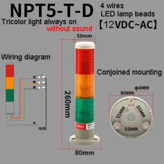 1Pcs NPT5-T-D Without Sound 3 Layer Tricolor Lamp Machine Tool LED Warning Light Semaphore Indicator Lamp Red Yellow Green