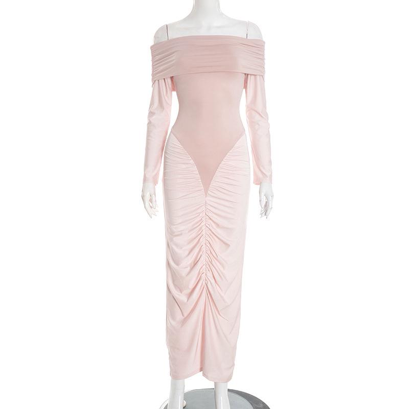 Elegant Ruched Patchwork One-Shoulder Maxi Dress - Winter Edition