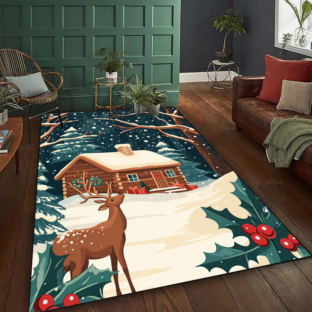 Christmas Igloo and Reindeer Area Mat - Washable Polyester, Lightweight, Suitable for Living Room, Kitchen, Dining Room, Office