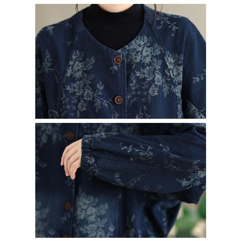 DIMANAF 2026 Autumn Winter Plus Size Women Denim Jackets Jeans Blue Coat Casual Long Sleeve Print Floral Loose Buttons Vintage Outwear