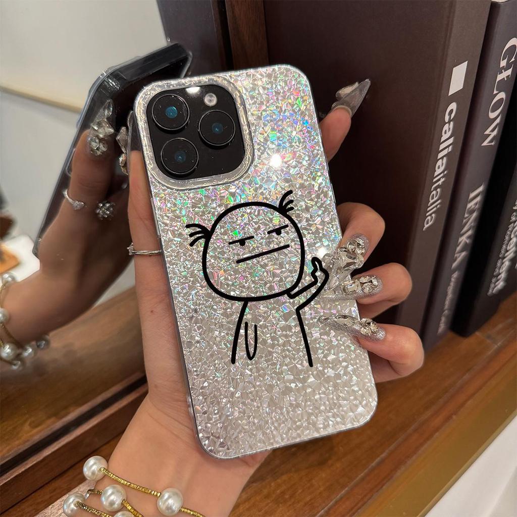 Case for iphone 17 Pro 13 14 XS Max 18 Pro Max 12 15 16 Plus 11 XR Air Silver Glitter Crackle Background Black Line Figure Flipping Off