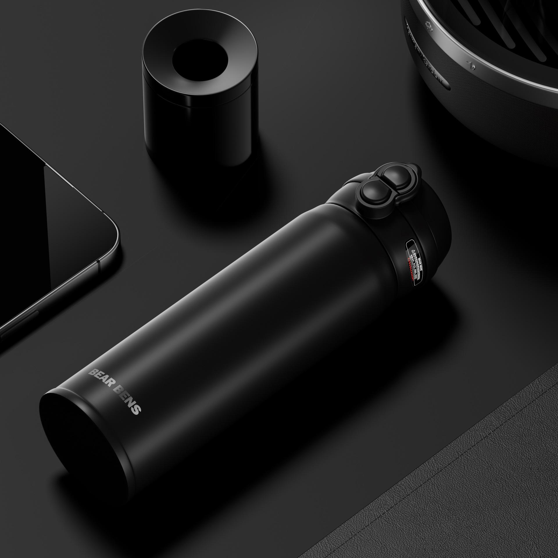 

«Детская бутылка для воды из нержавеющей стали Kumamoto с двумя трубочками и переносной подарочной коробкой» 480ml чёрный