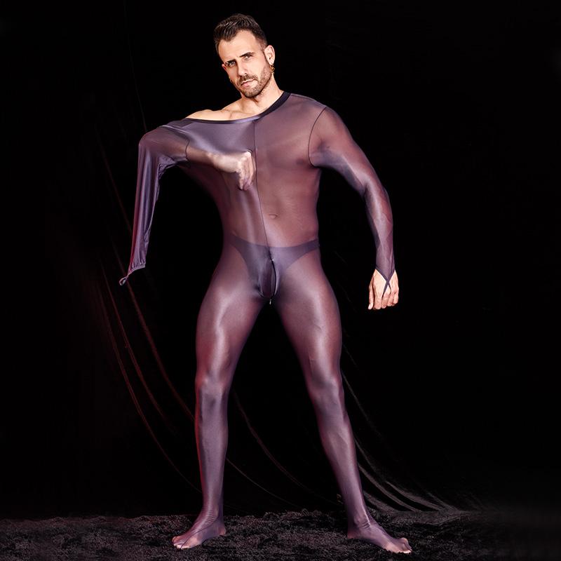 Tuta da uomo sexy, collant lucidi e lucidi, maniche lunghe, tute elastiche alte, body esotico, tuta sottile e trasparente, calze autoreggenti