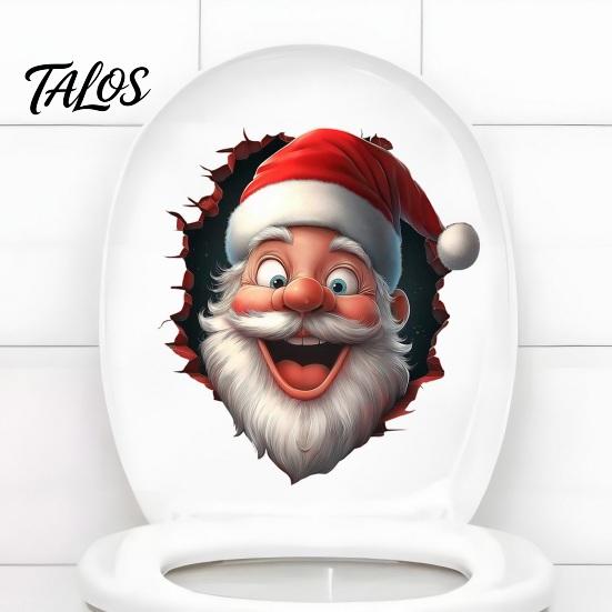 Funny Holiday Party Decorations Santa Toilet Sticker, Christmas Lid Decal, Self-Adhesive, 3D Festive Tank Clings Hole Waterproof PVC Wall Sticker for