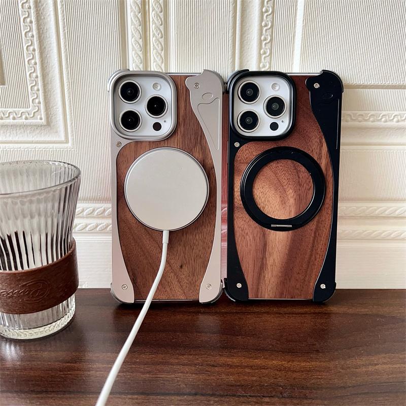 Walnut Wood Aluminum Metal Borderless Magnetic Phone Case For iPhone 15 16 Pro Max 360° Rotate Bracket Magsafe Shockproof Cover