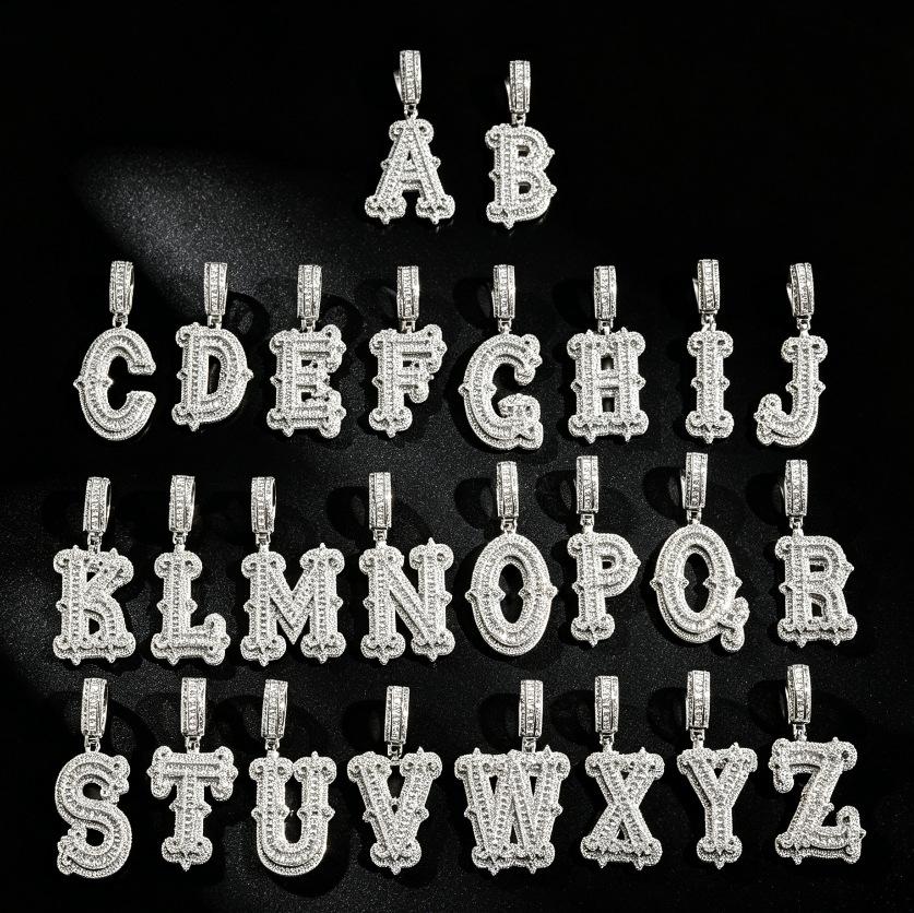European and American New Hip Hop 26 English Letter Necklace Copper Set Zircon with Thorn Rock Sugar Letter Men's Necklace Pendant