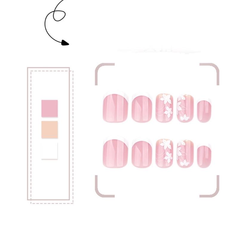 24 Piezas de Uñas Francesas Cuadradas Press-on con Diseños Florales Cobertura Completa Uñas Adhesivas Arte de Uñas de Moda para Primavera