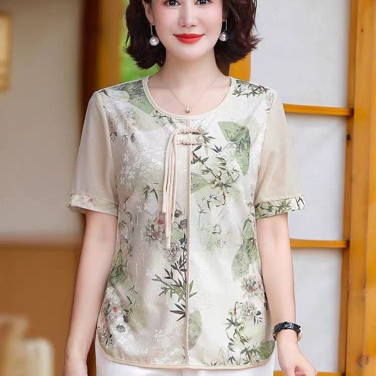 Summer short-sleeved T-shirt top 2025 new 50-year-old women's new Chinese national style shirt