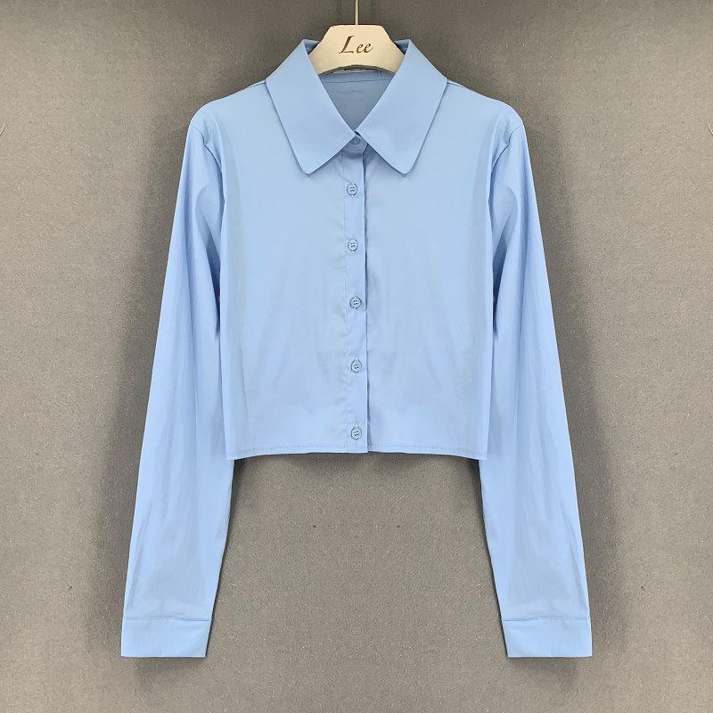 Корея Донгдаэмун Утягивающая Белая Укороченная Рубашка с Длинным Рукавом, Подчеркивающая Фигуру, для Женщин One Size синий