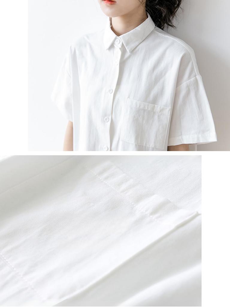Shirt Blouse Short Sleeve Regular Collar Pocket Collar Simple Plain Spring Summer Autumn Cutter Wide Shirt Solid Tops Office Casual Button [Bubu