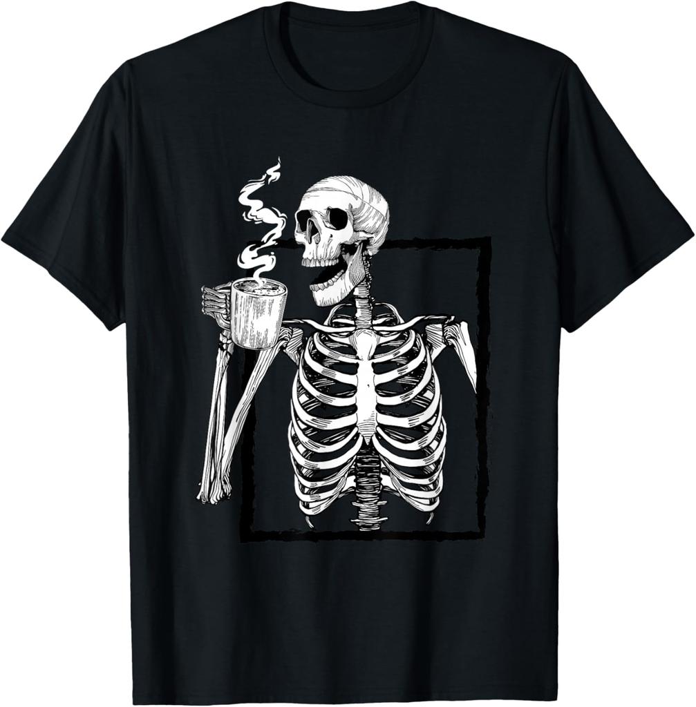 Skeleton Drinking Coffee Lover Funny Halloween Skull Tshirt 100 Cotton Trendy Y2k Shortsleeve Tee Soft Quickdrying