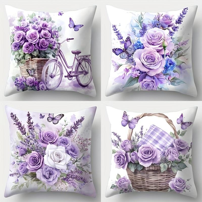4 Elegante Kissenbezüge Mit Lila Rosen- Und Schmetterlingsmuster, Polyester Für Sofakissen Und Kissen