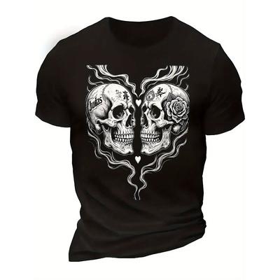 Europäische Größen Herren T-Shirt - Rundhals-T-Shirt mit komplexem Gothic-Totenkopf & Herz Grafikdruck, Weiches & Atmungsaktives Schwarz-Weißes Shirt für Männer