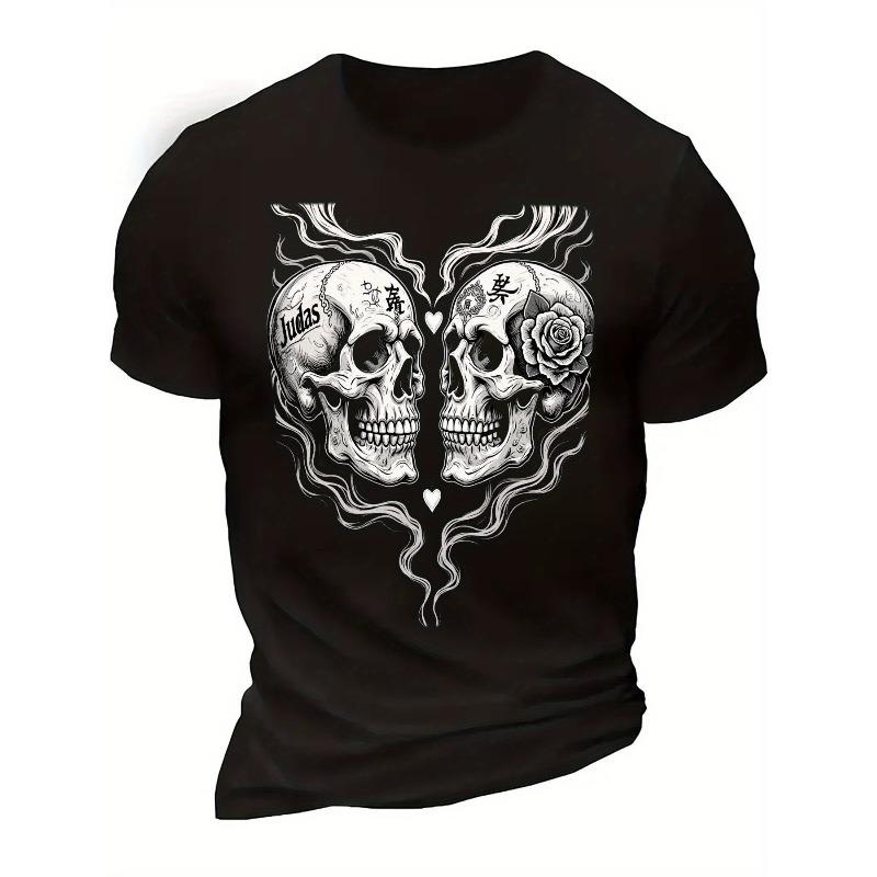 European Sizes Mens T-Shirt - Crew Neck Tee with Intricate Gothic Skull & Heart Graphic Print, Soft & Breathable Black & White Shirt for Men