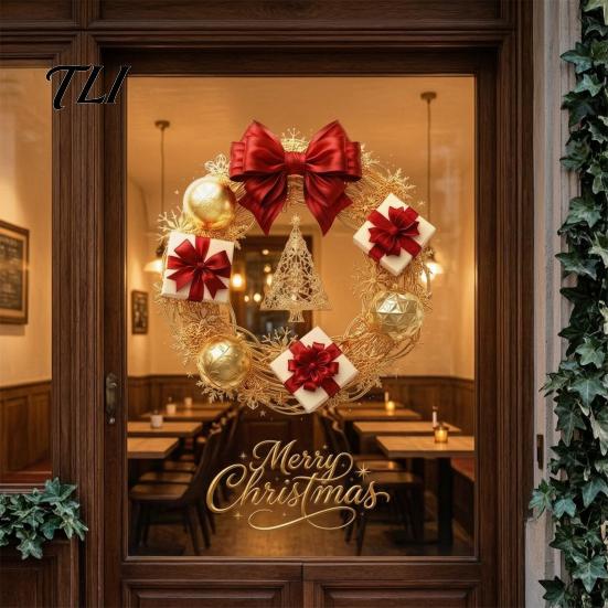 Seasonal Storefront Display Christmas Wreath Static Window Sticker, Decorative Decals for Glass Doors And Windows, Reusable Stickers Removable