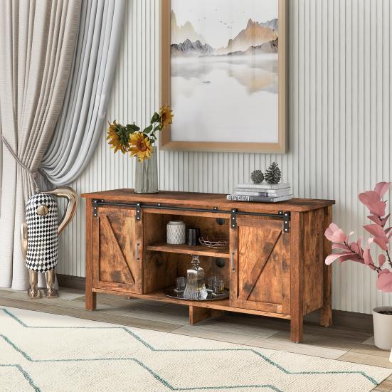 TV Stand Large Capacity Sturdy Construction Good Load-bearing Sliding Doors Retro Item Storage Heighten
